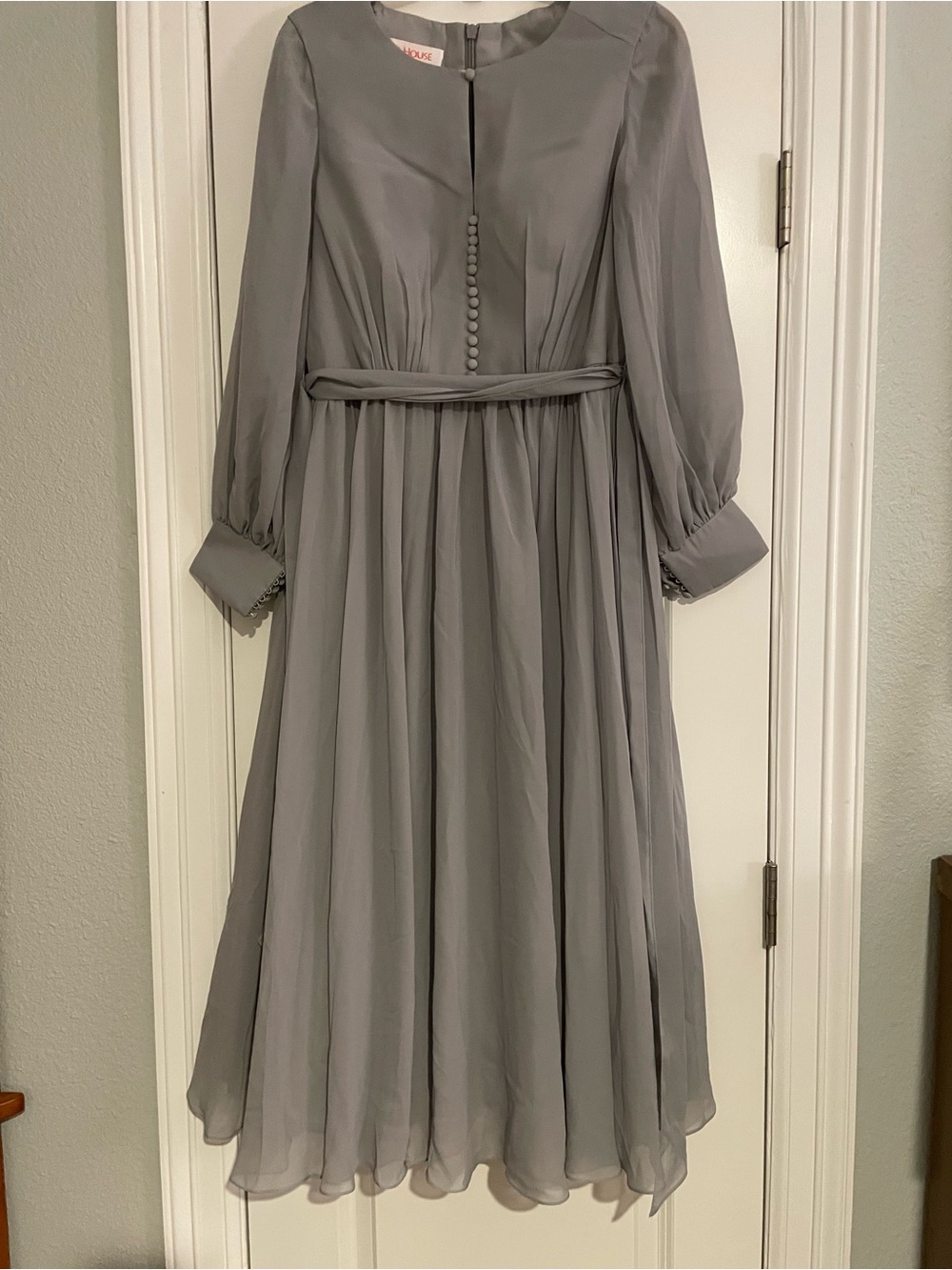 Elegant Long Sleeve Gray Chiffon Midi Dress with Self-Tie Waist